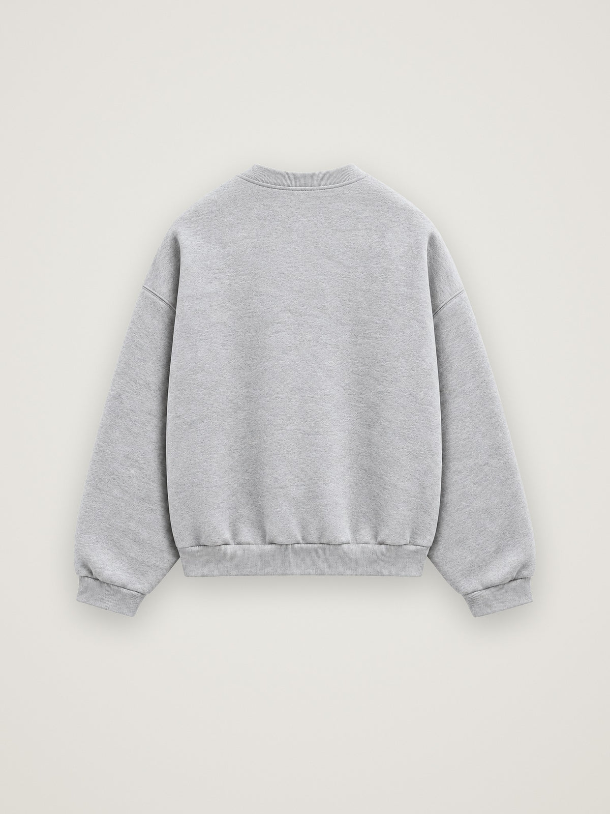 Back view of the heather grey ANANCI Opulent crewneck with ribbed collar, cuffs and hem