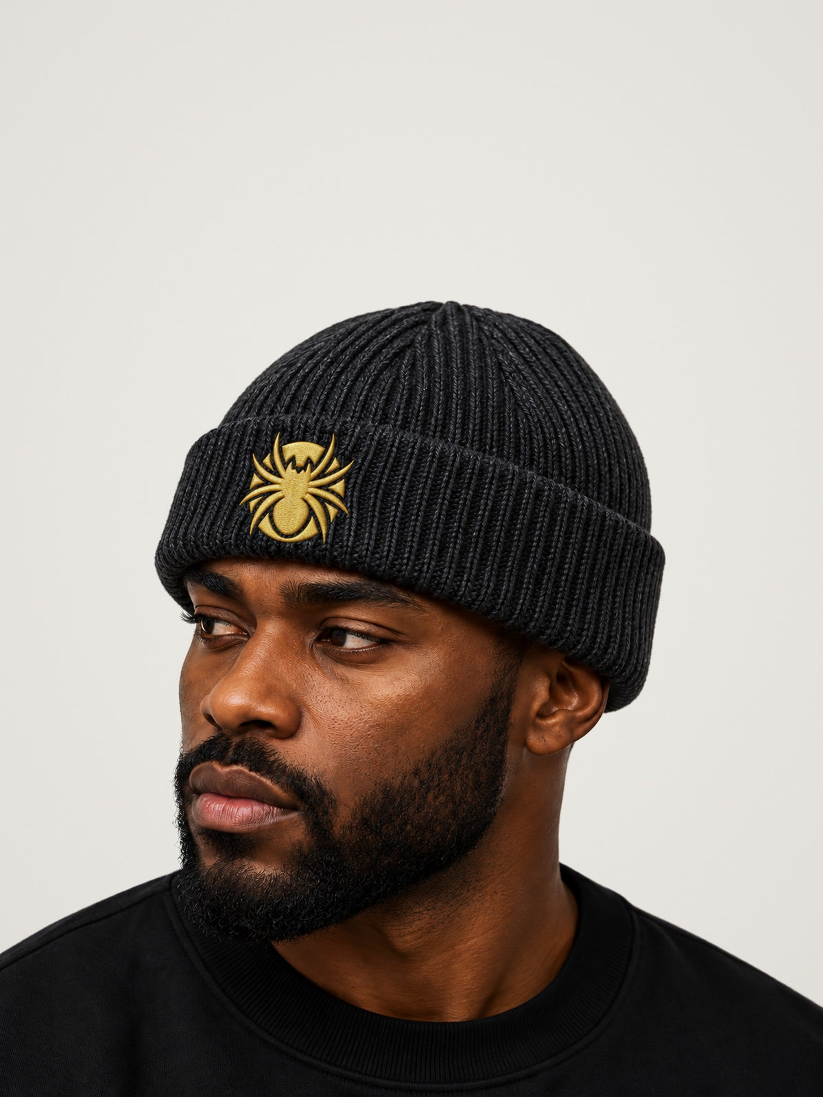 Ananci Signature Beanie in charcoal with gold embroidered spider patch