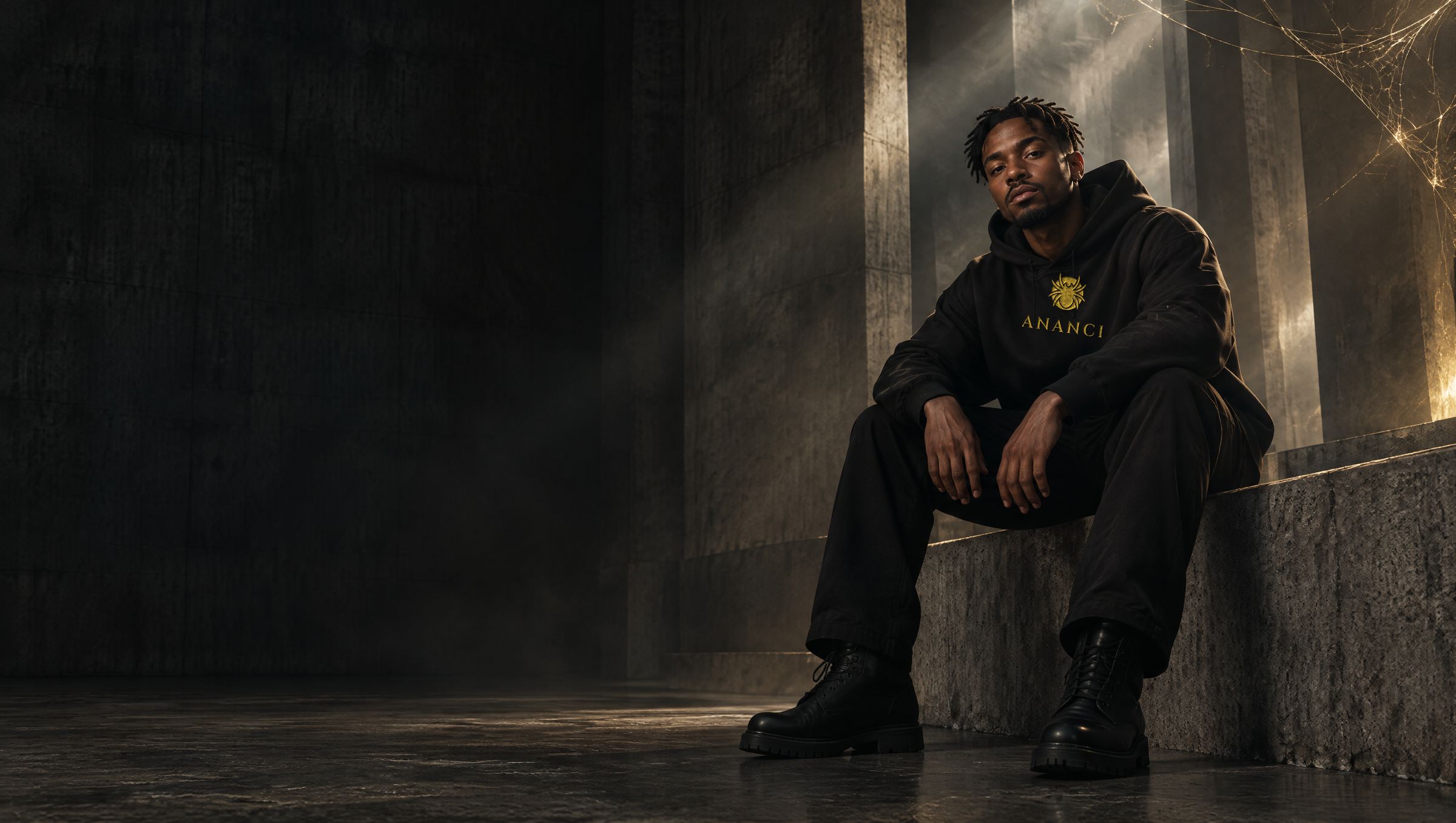 Black model seated on concrete wearing a black ANANCI hoodie with the gold spider logo